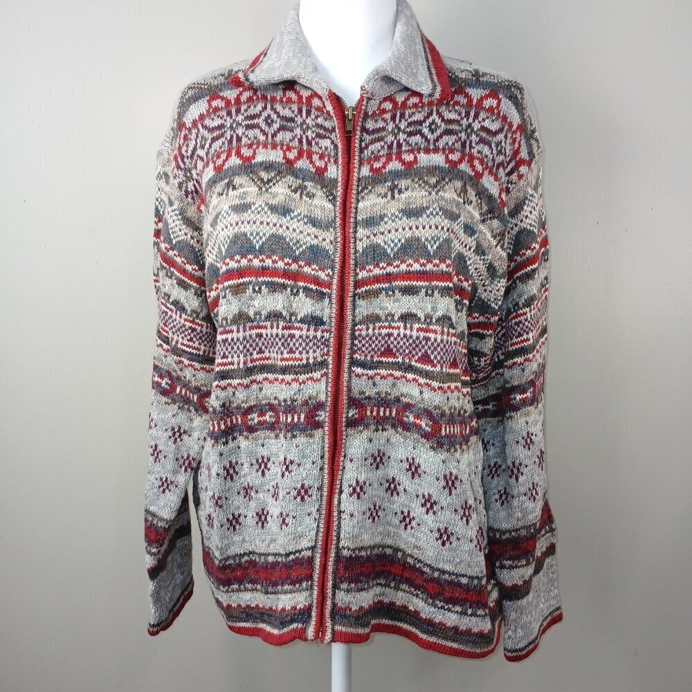 HEIRLOOM COLLECTIBLE  VINTAGE FRONT ZIP CARDIGAN GRAY AND RED DESIGNS WOMENS LG